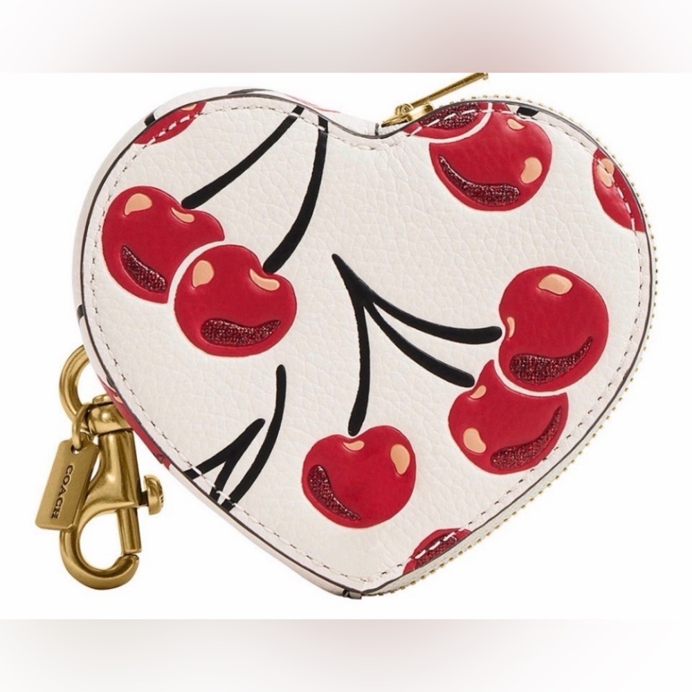 Coach Boxed Cherry Print Leather Heart Coin Purse